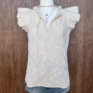 Brooks Brothers Cream Floral Embroidered Ruffle Sleeve Tie-Neck Top